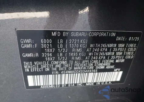 2025 Subaru Ascent Premium 7-Passenger from USA, damaged, VIN 4S4WMADDXS3409265